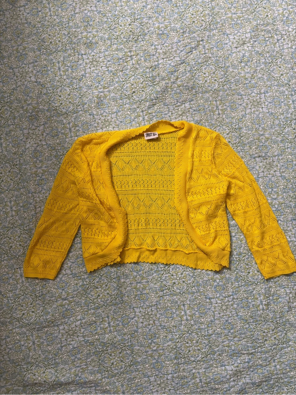 Bright Yellow Openwork Cropped Cardigan Sweater